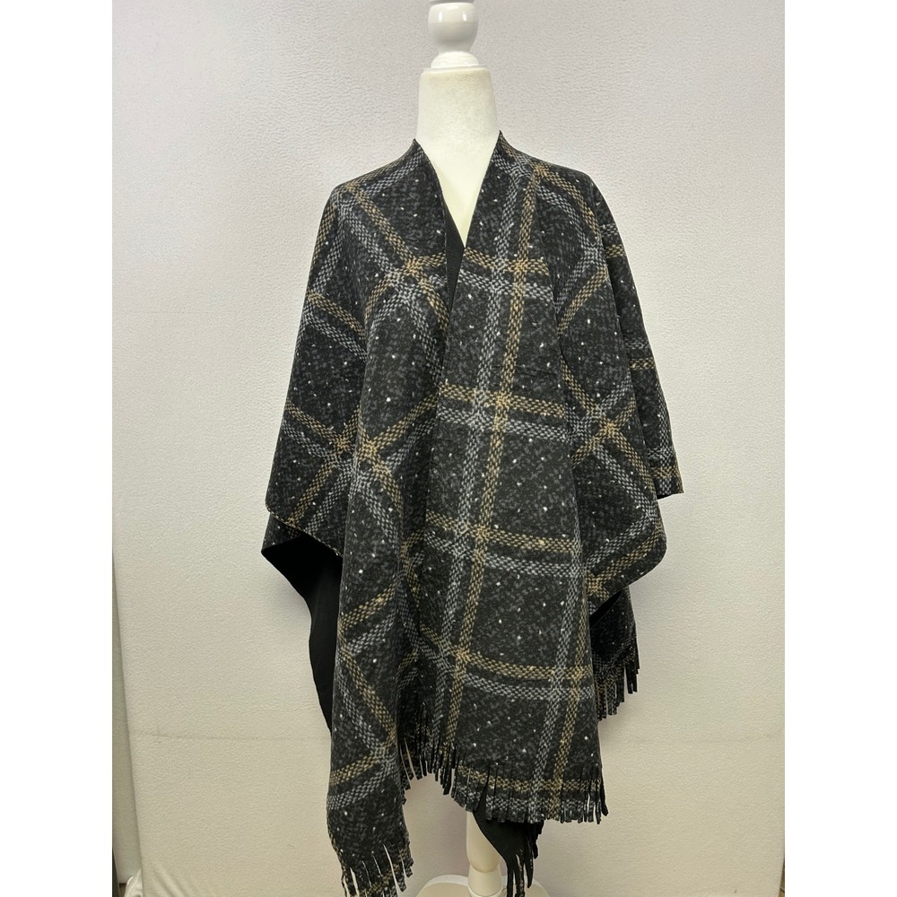 Boho Cabin Eivissa Womens OS Black Gray Plaid Fringed Open Front Poncho Wrap
